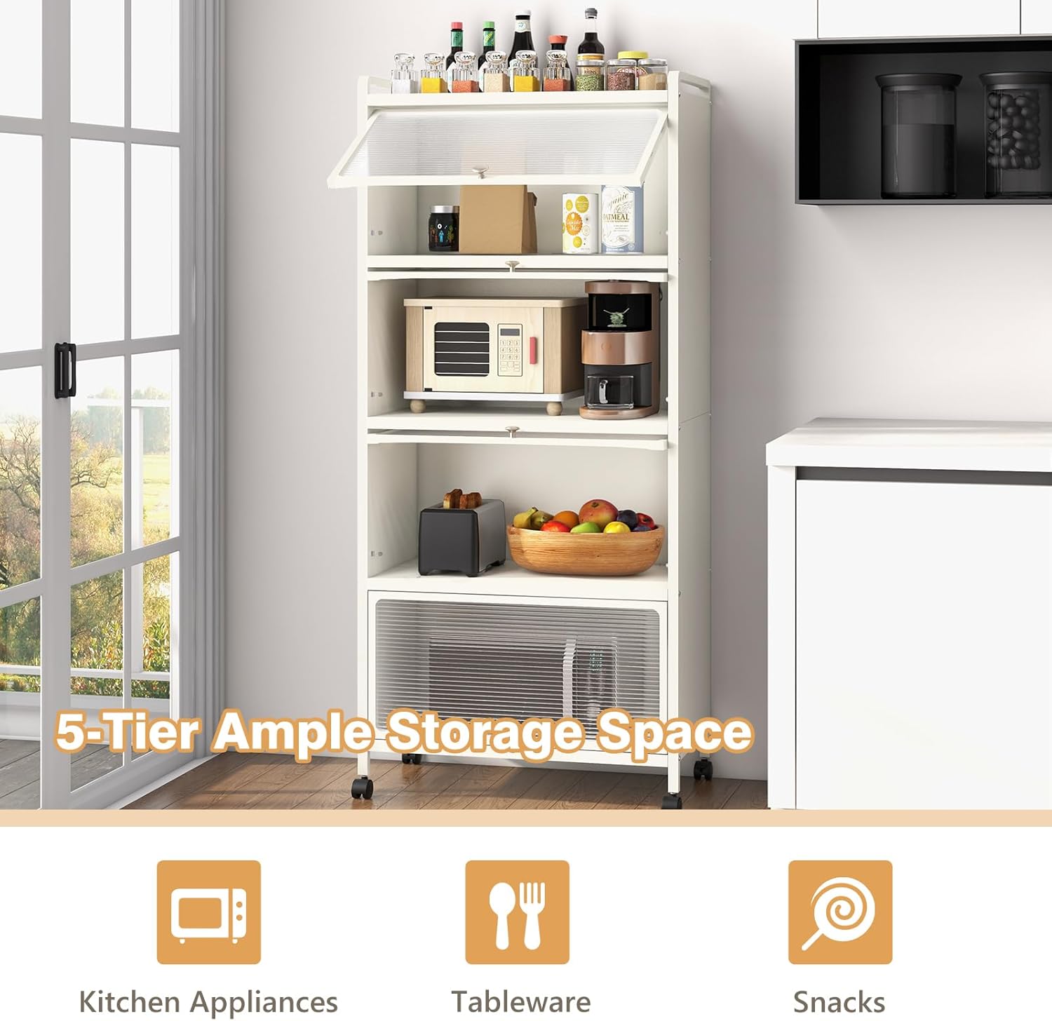 Giantex 5-Tier Kitchen Storage Cabinet, Mobile Microwave Stand with Flip-up PC Doors, Freestanding Kitchen Bakers Rack with 4 Rolling Casters, for Dining Room, Living Room and Study (White)