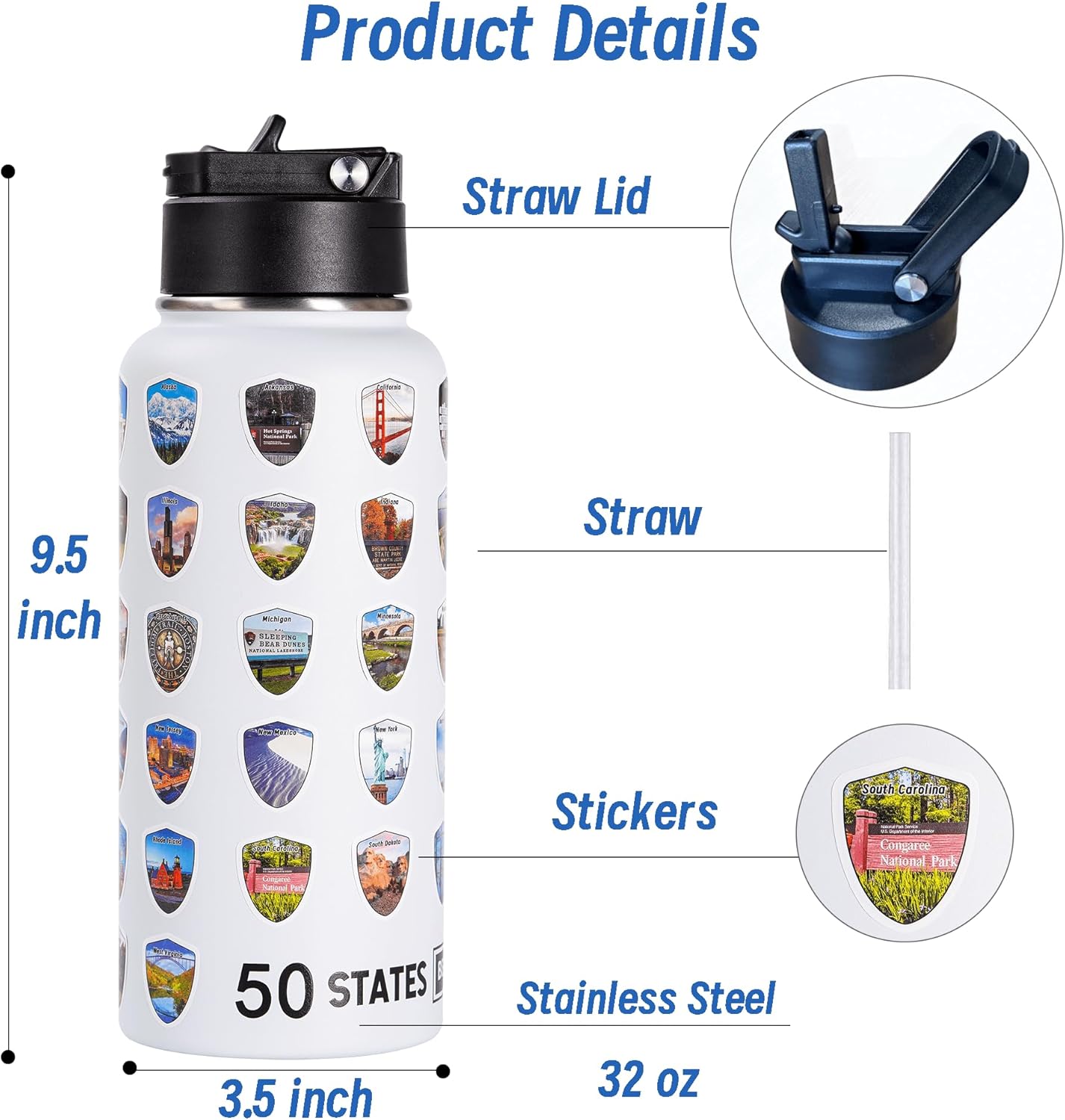 50 States Water Bottle with Stickers, National Parks Water Bottle, Stainless Steel Insulated Bottles with Straw,3D Printed,32 oz,Double Stickers, Gifts for Men,White - Image 6