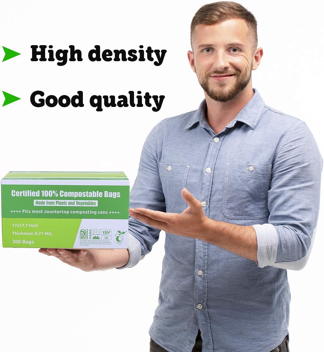 Compost Bags, Compostable Trash Bags 3 Gallon Compostable Bags 300 Count Small Compost Bags for Countertop bin Extra Thick 0.71 Mil. ASTM D6400 Certified By BPI and TÜV AUSTRIA (3 Gallon, 300 Units)