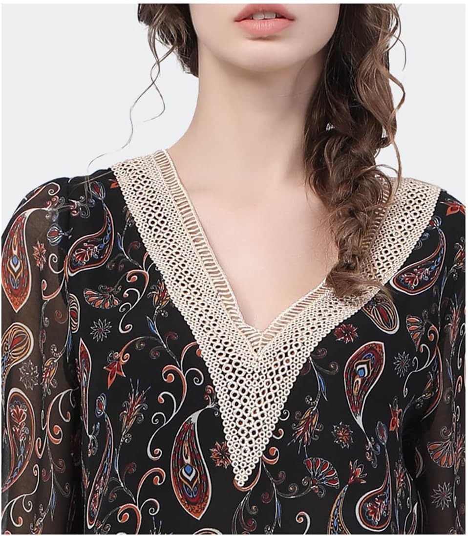 Ladies Chiffon Blouse Loose Plus Size Lace V-Neck Bat Sleeves Casual Tops Women Shirts