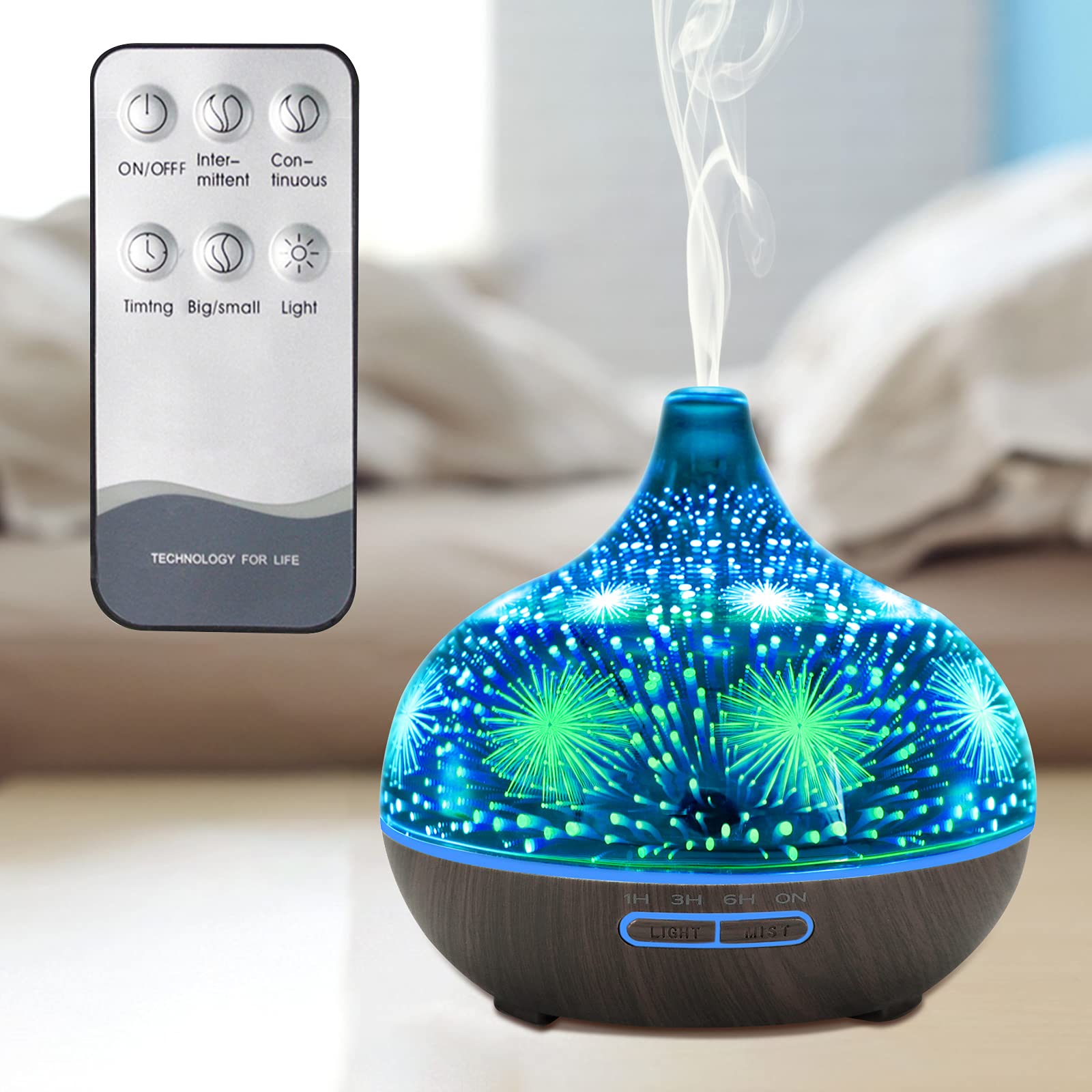 humidificador 500ml Difusor de Aroma Difusor de aceite esencial Humidificador ultrasónico de aromaterapia de vidrio 3D con luces LED de 7 colores para oficina en casa