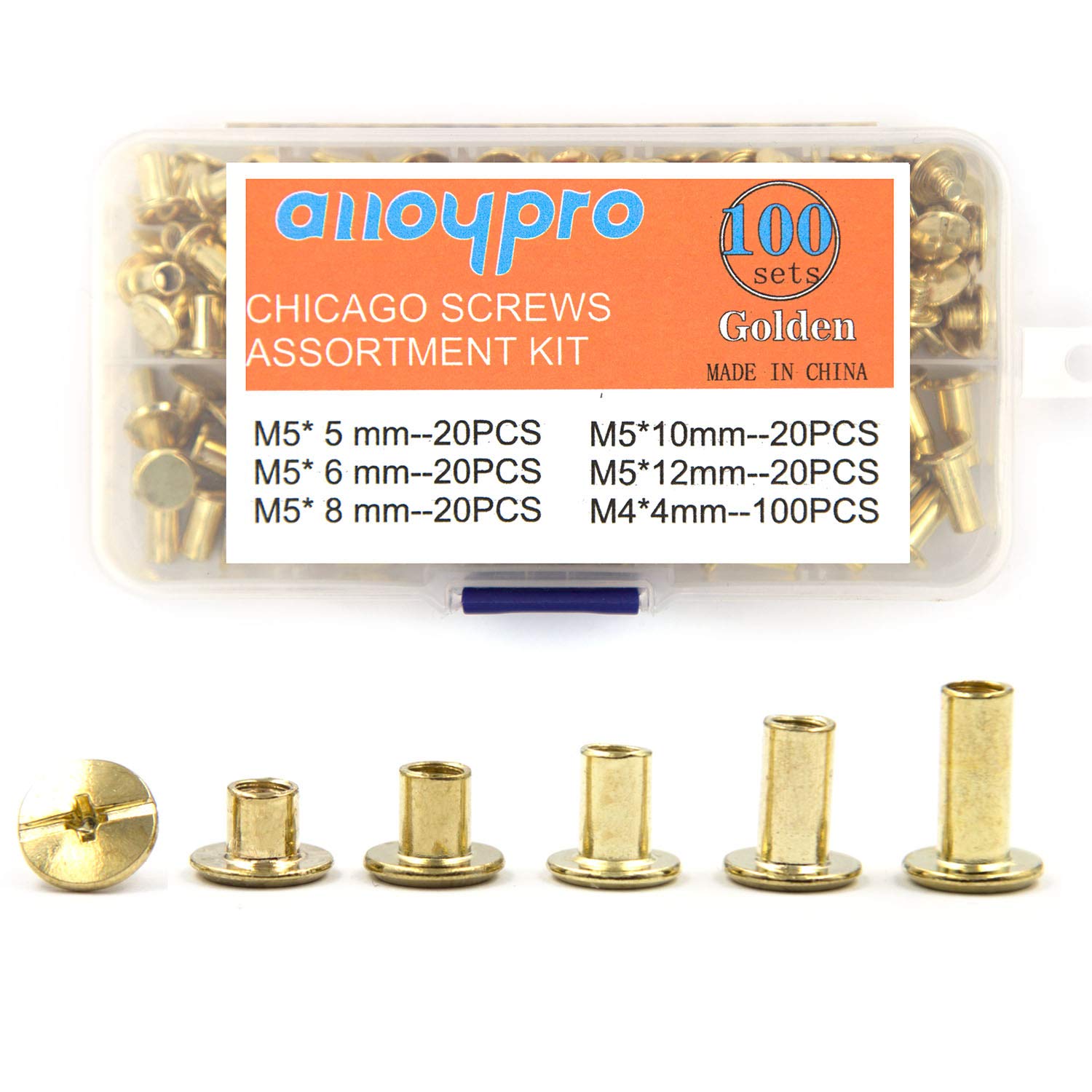 Chicago Screws Assorted Kit Golden Leather Rivets Screw Rivets Slotted Phillip Head Book Binding Posts Nail Rivet Chicago Bolts for DIY Leather Craft