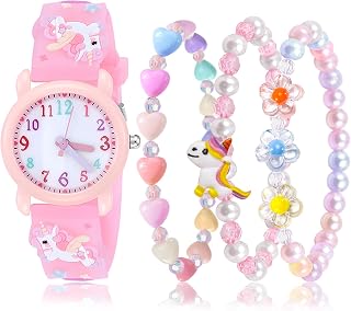 4 Pieces Girls Watch Bracelets Set 3D Cartoon Waterproof Toddler Watches Flower Watch Jewelry Set for Girls 3-10 Years Old Kids