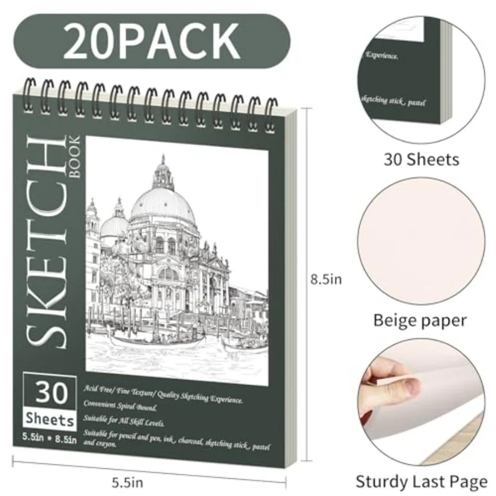 Album Da Disegno Con Rilegatura A Spirale Quaderni for schizzi 5,5" X 8, blocco con rilegatura a spirale superiore, quaderno for schizzi sfuso for carta da disegno da 600 fogli da 68 libbre/100 g/m²