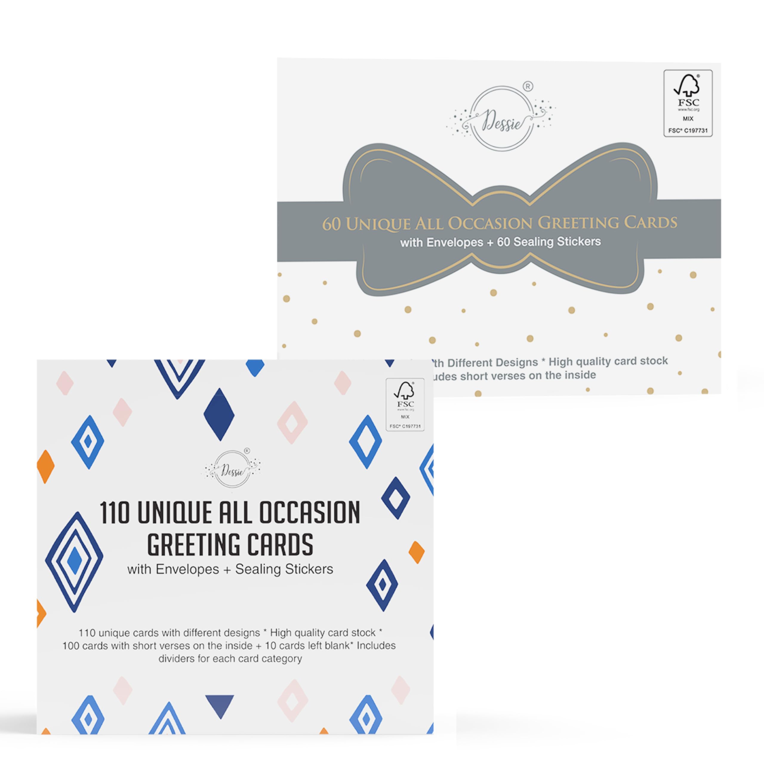 Dessie 170 Unique All Occasion Greeting Cards Assortment with Envelopes & Seals - Includes 60 Large Cards with Greetings and 110 Large Cards for Personalization in Organizer Box