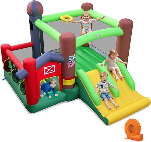 Miniatura 11 de Casa de rebote inflable BOUNTECH con toboganes duales, casa hinchable con foso de bolas para niños, diversión en fiestas de patio trasero al aire