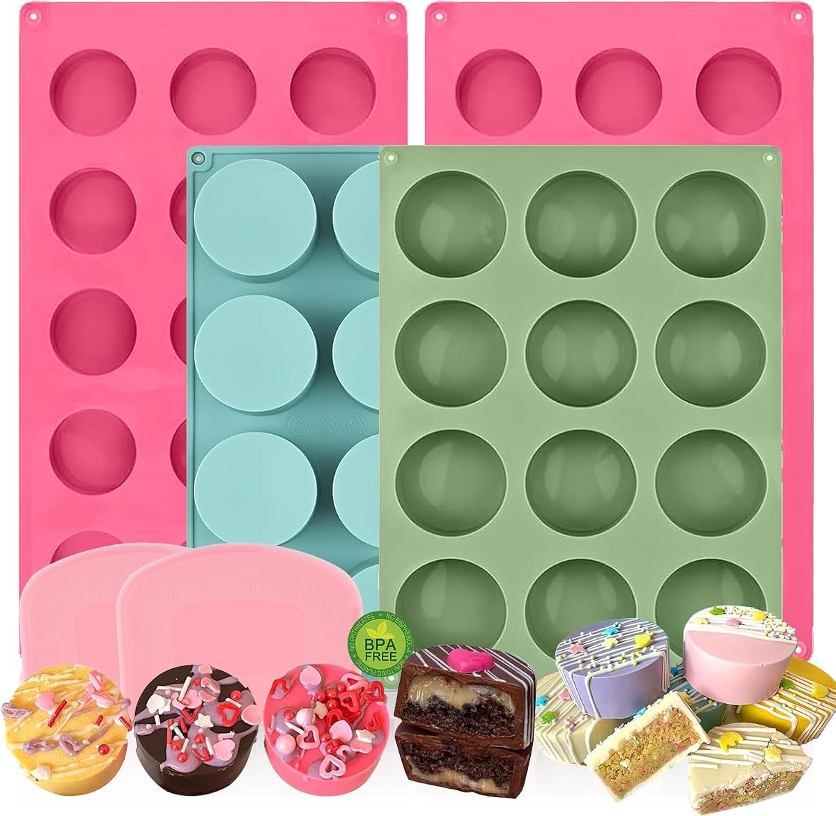 Juego de 4 moldes para tartas, 2 tamaños diferentes de moldes de silicona para tartas cubiertos de chocolate, 15 cavidades y 12 cavidades, moldes redondos para tartas con 2 espátulas para núcleos de tartas, cakepucks, postres de chocolate