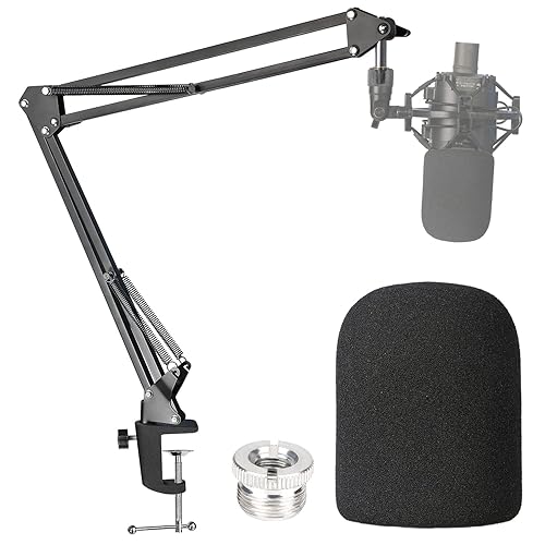 Audio-Technica AT2020 Mic Boom Arm with Foam Windscreen, Suspension Boom Scissor Arm Stand with Pop Filter Cover for Audio-Technica AT2020 Microphone by SUNMON - Mic Stand and Pop Filter