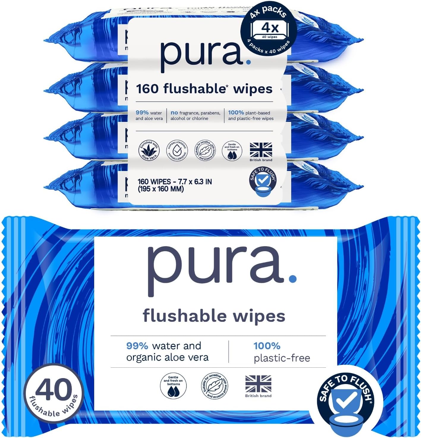 Pura Flushable Wipes 4 x 40 Toilet Wipes (160 Wipes), 100
