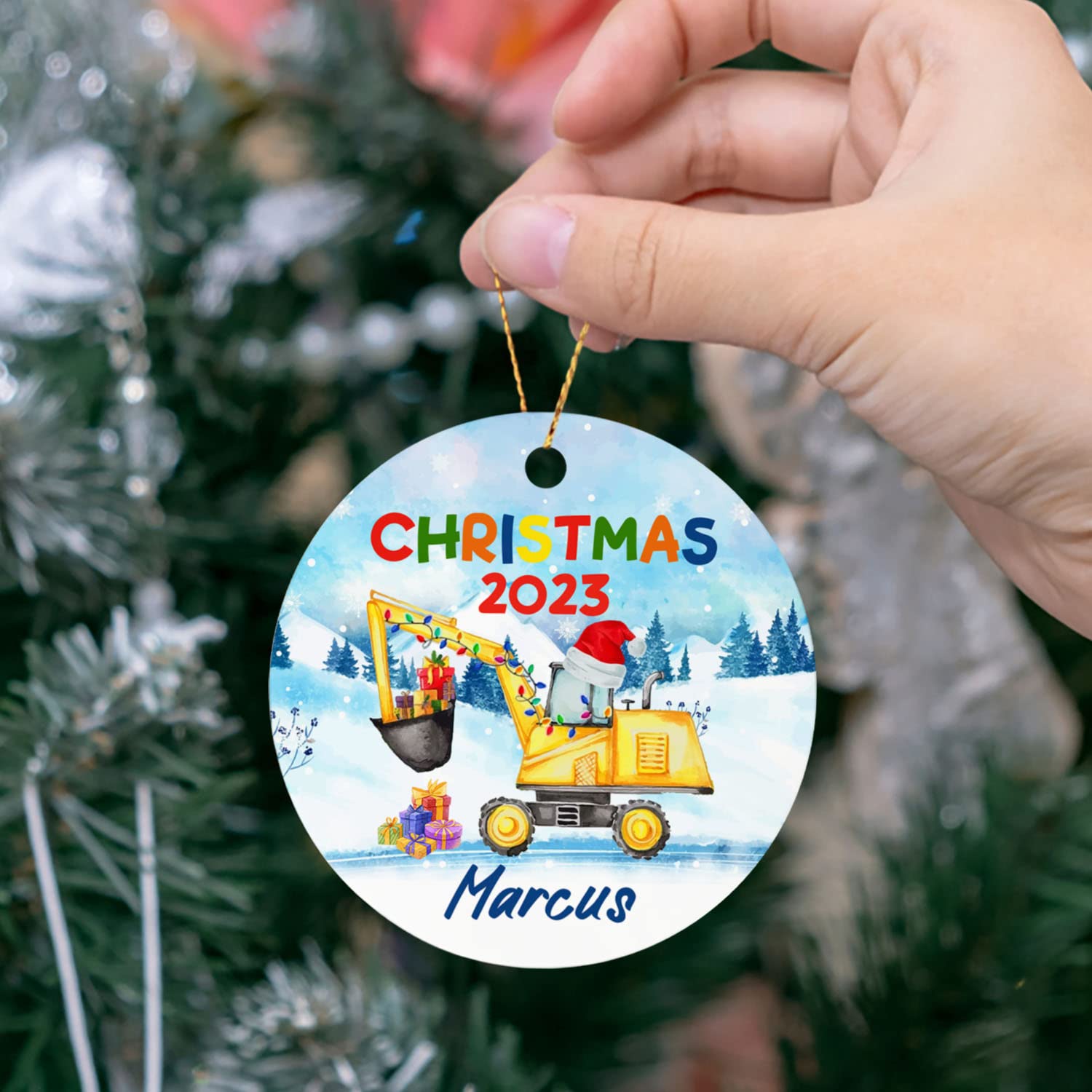 Personalized Kids Excavator Construction Heavy Equipment Ornament, Custom Kids Name Christmas Hat, Xmas Tree Ornament