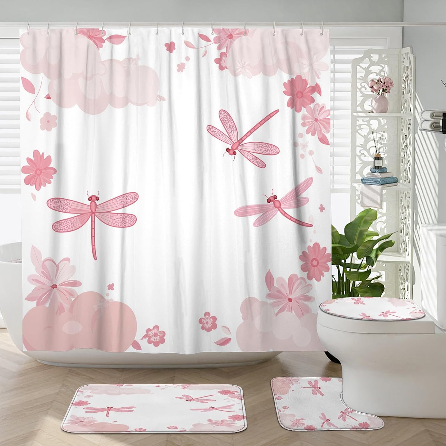 4PCS Kids Cartoon Dragonfly Shower Curtain Sets with Non-Slip Rug, U Shape and Toilet Lid Cover Mat, Cute Fun Anime Insect Bath Decor, Bathroom Accessory with Hooks