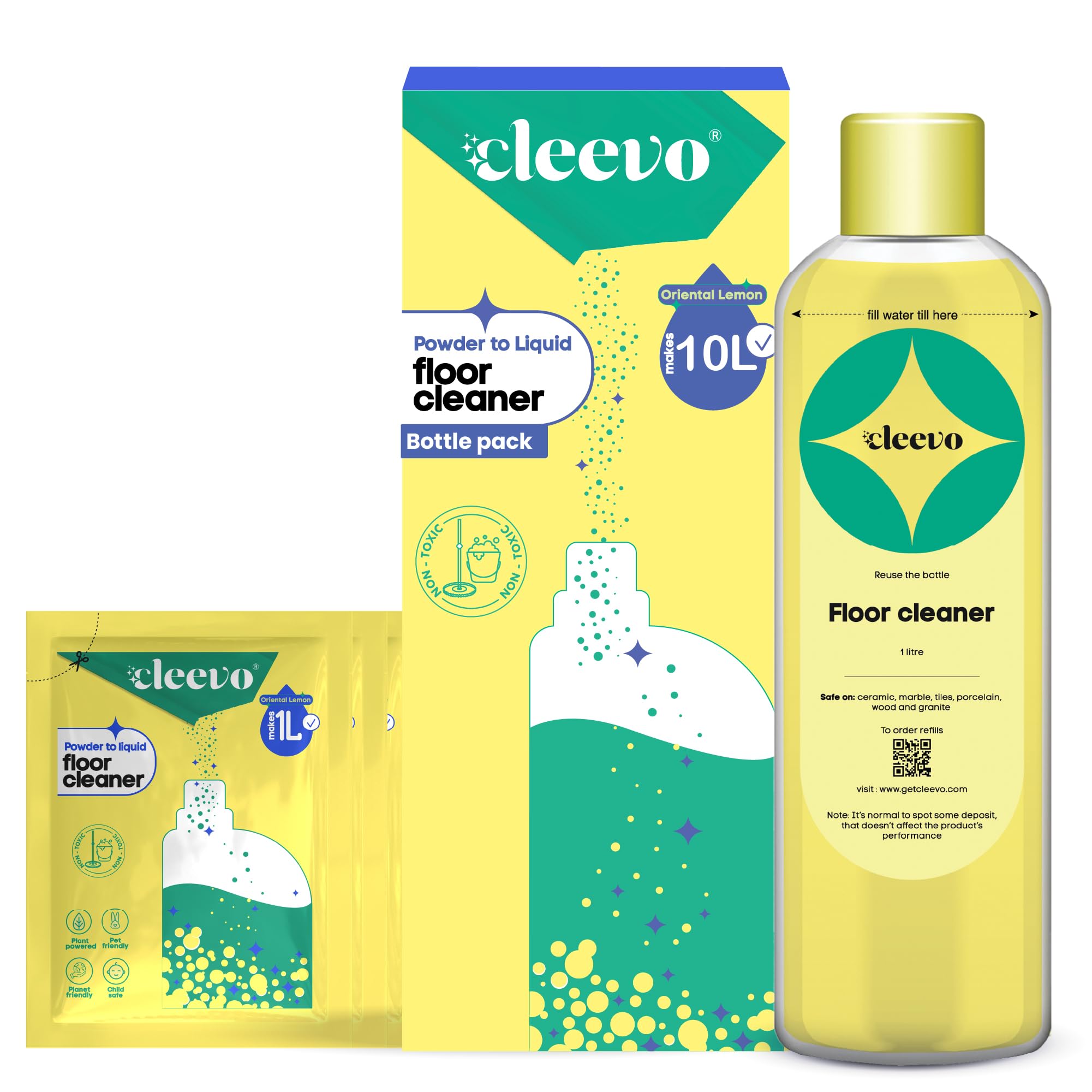 Cleevo Natural Disinfectant 10Ltr Floor Cleaner, Bottle Pack, Zesty Lemon Fragrance, Eco-Friendly Tile Cleaner, Non Toxic, Kids & Pet Friendly, Powder to Liquid