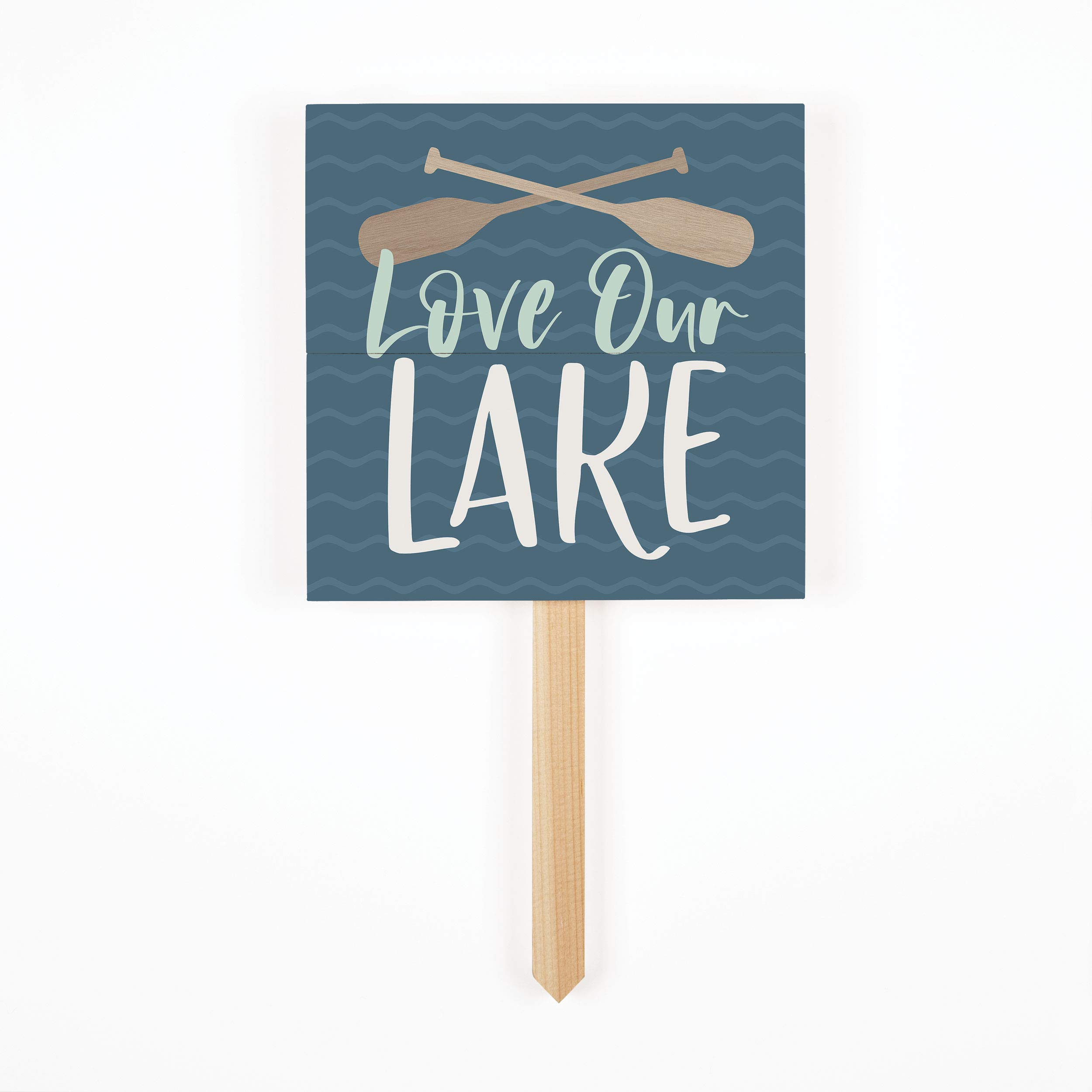 censhaorme Love Our Lake Nautical Blue 7 x 7 Pine Wood Garden Yard Sign with Stake