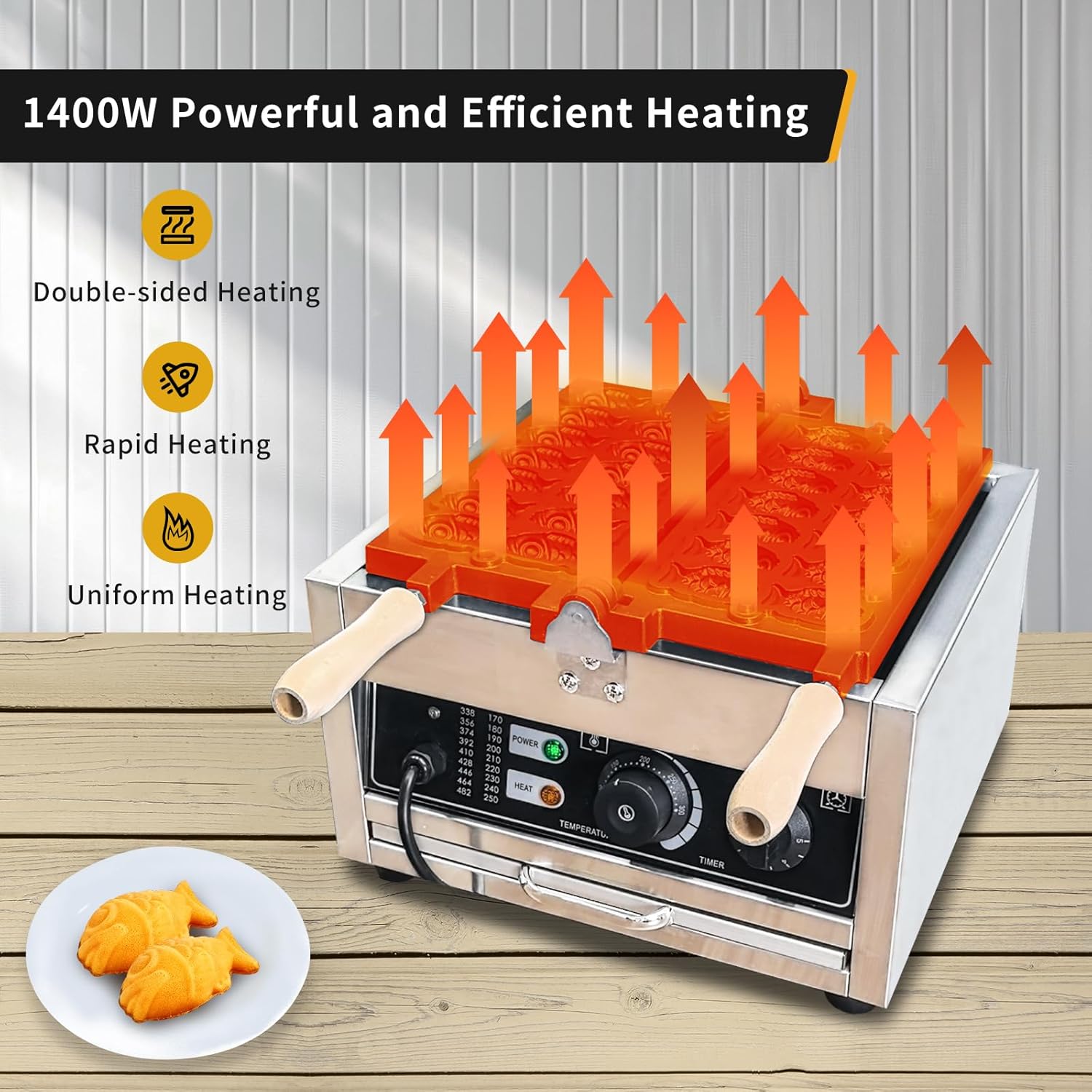 Taiyaki Waffle Maker, Fish-Shaped, Stainless Steel, 1400W, 110V, 14Pcs Non-stick, Compact, Industrial, Restaurant, Cafe, Snack Shop, Food Stall