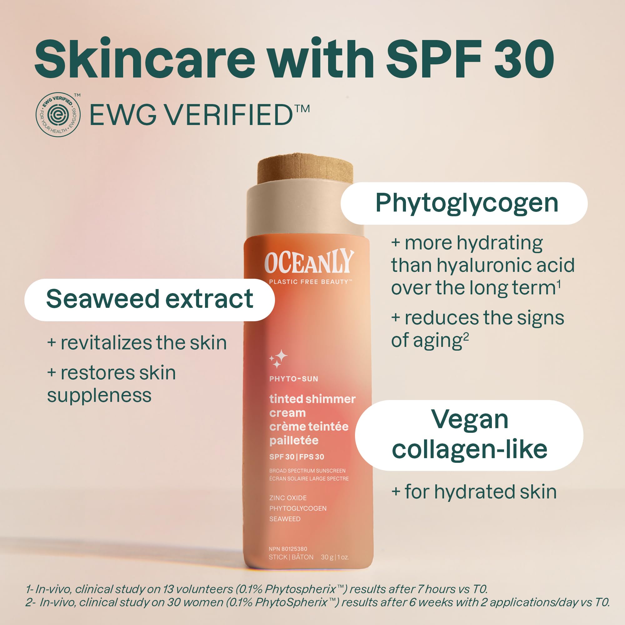 ATTITUDE Oceanly Tinted Shimmer Face Cream Stick with SPF 30, EWG Verified, Plastic-Free, Broad Spectrum UVA/UVB Protection with Zinc Oxide, Universal Tint, Unscented, 0.3 Ounce