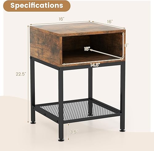 Miniatura 3 de Tangkula Mesa auxiliar cuadrada, mesa auxiliar de sofá con parte superior de madera de 16 pulgadas con marco de metal, cubo de almacenamiento y