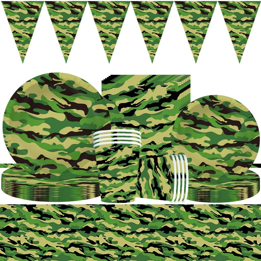 FISAPBXC Camouflage Party Tableware Set, 61PCS Camouflage Party Supplies Birthday Paper Plates, Napkins, Paper Cups Plates for Camouflage Themed Party Decorations (10 Guests)