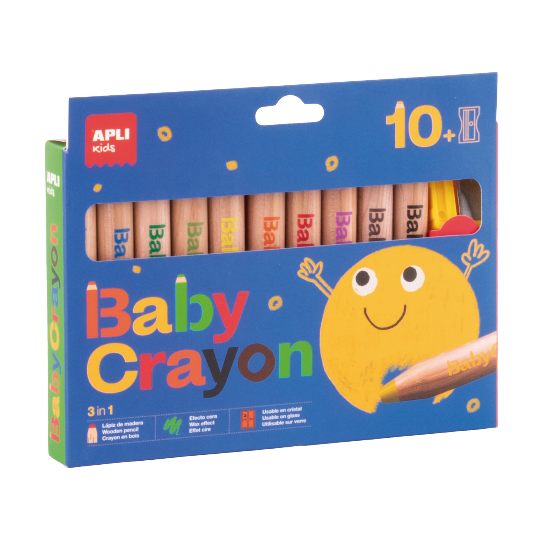 APLI 20636 - Baby Crayons, 10 Thick Wax Colors with Pencil Sharpener