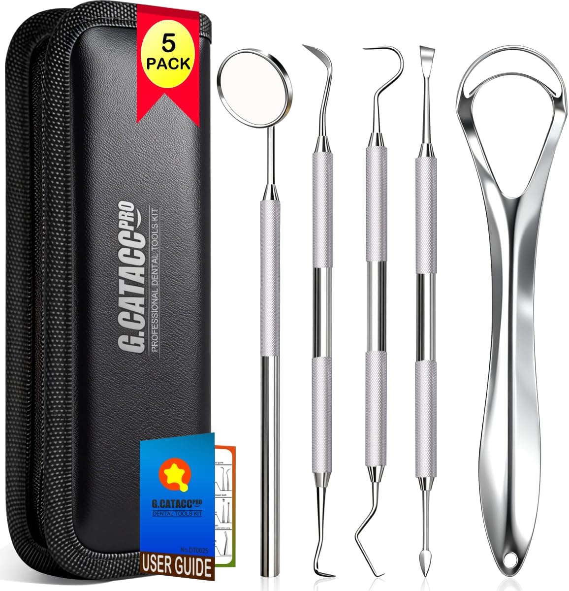 G.CATACC Dental Tools, Teeth Cleaning Tools Oral Care Hygiene Kit with Tongue Cleaner, Stainless Steel Dental Pick Tooth Scraper Plaque Tartar Remover for Teeth - with Case