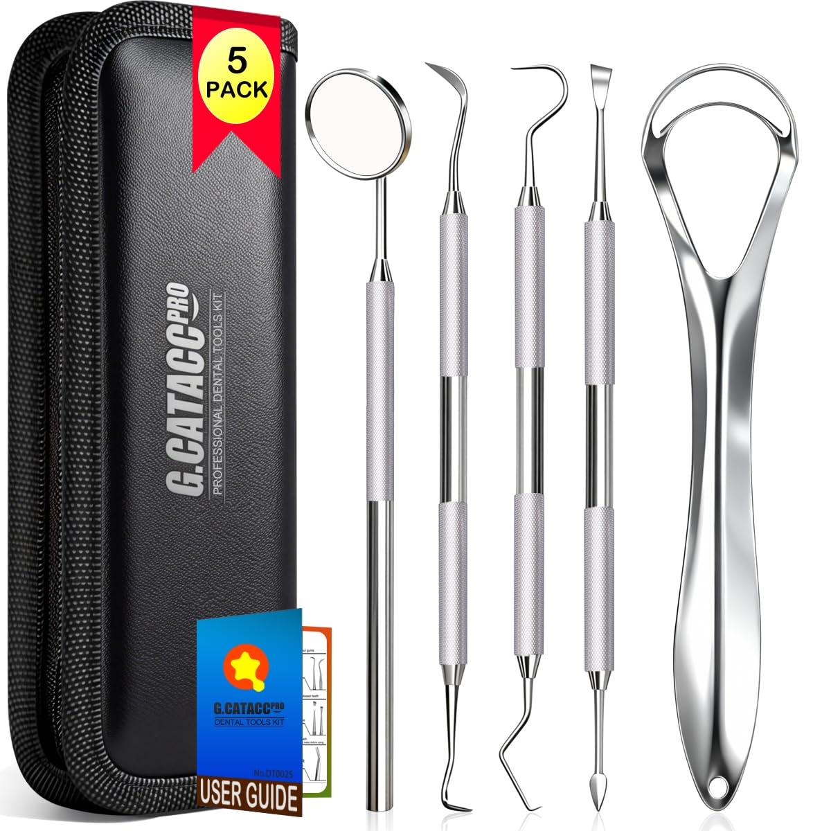 G CATACC Dental Tools Teeth Cleaning Tools Oral Care Hygiene Kit with Tongue Cleaner Stainless Steel Dental Pick