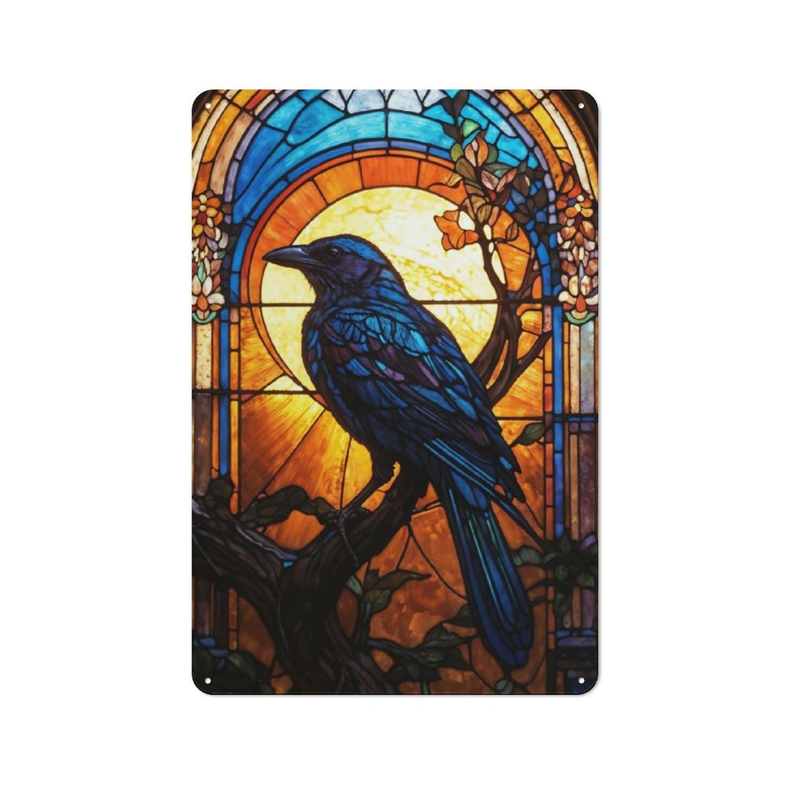 Junmoney Moonlit Crow Stained Glass Vintage Tin Wall Plaque 30X20cm For Workshop Wall, A Decorative Christmas Gift For Makers And Diy Enthusiasts