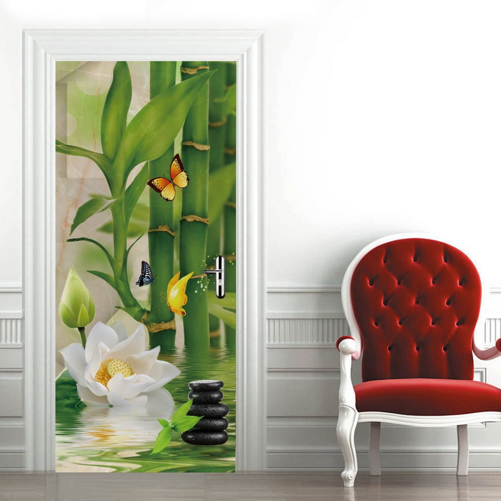 Sticker Porte 3D Buisson Bambou Noir Et Blanc - Affiche Murale Amovible 77x200cm