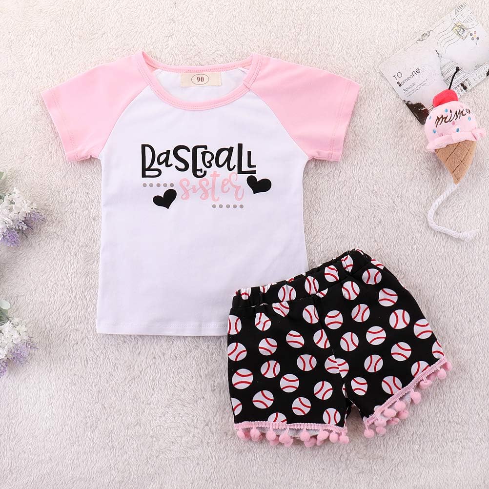 Toddler Baby Girl Outfits Clothes Baseball Sister Print Short Sleeve T-Shirt Tops + Tassel Floral Short Pant Set - Image 2