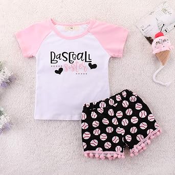 Toddler Baby Girl Outfits Clothes Baseball Sister Print Short Sleeve T-Shirt Tops + Tassel Floral Short Pant Set