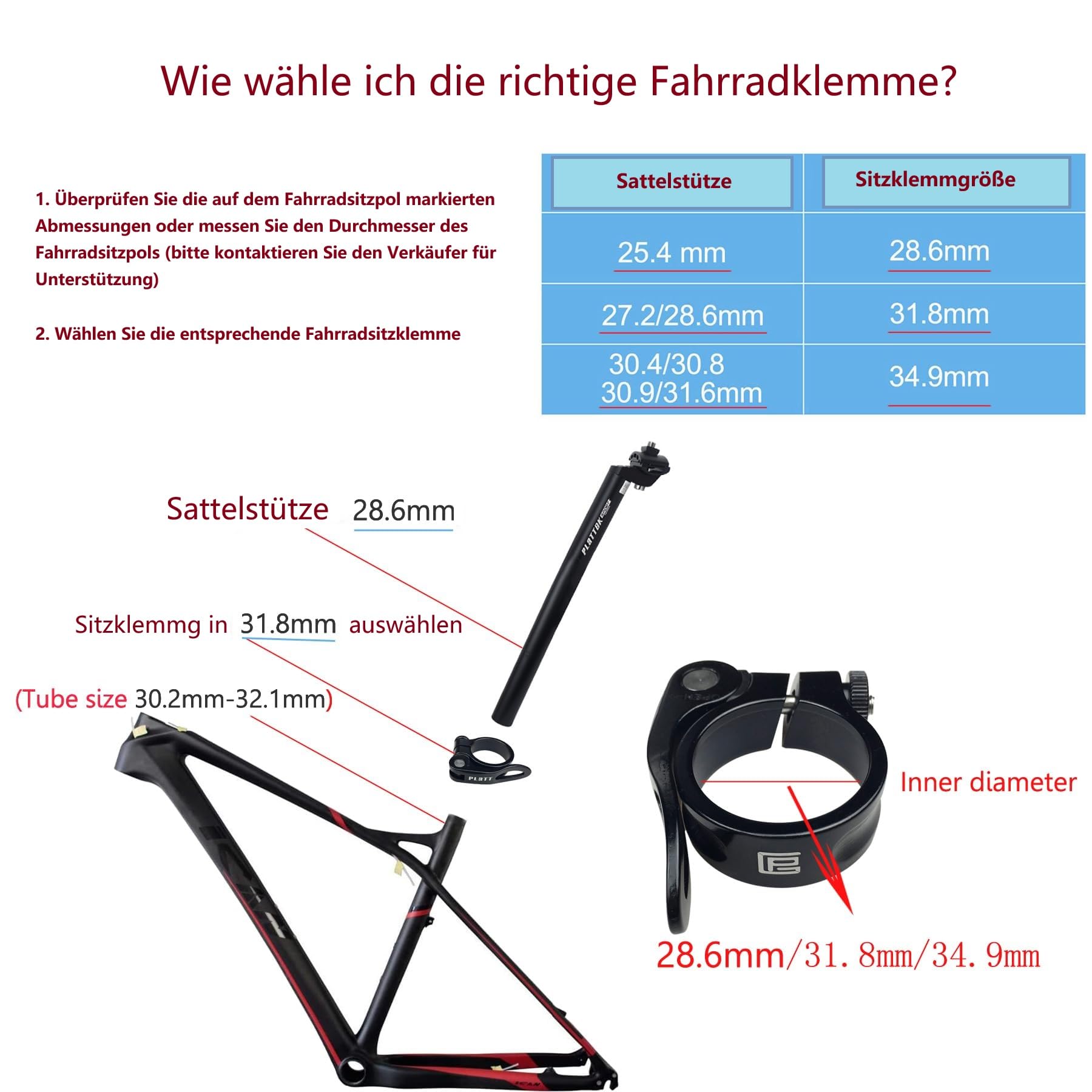 PLATT Morsetto reggisella per bicicletta, in lega di alluminio, a sgancio rapido, 28,6 mm/31,8 mm/34,9 mm