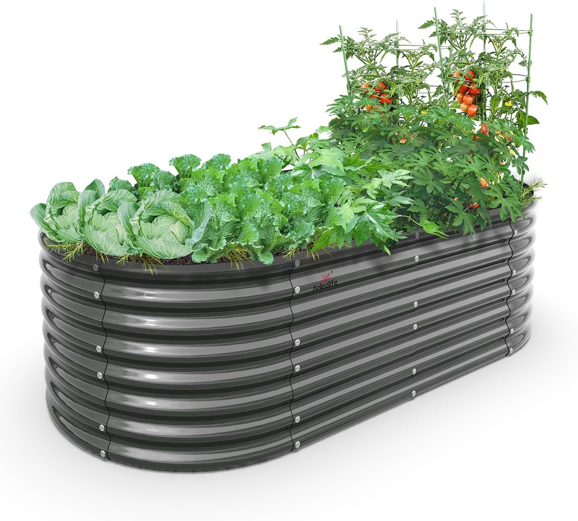 ANLEOLIFE 6x3x2 ft Oval Galvanized Raised Garden Bed - Anti-Rust Metal Deep Root Planter for Vegetables Flowers Herbs, Easy Setup Quartz Grey
