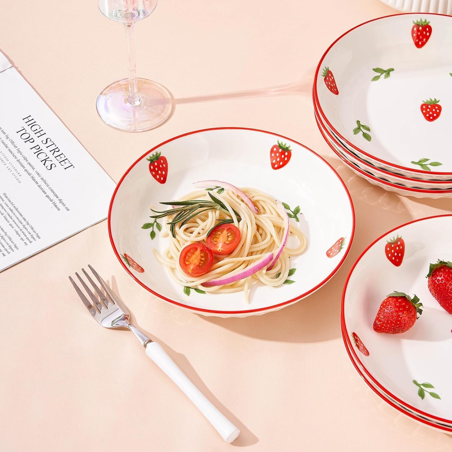 8 Inch Porcelain Pasta Bowls Set of 6, 20 OZ Cute Strawberry Plates, Dessert Plates for Fruit and Appetizer, Perfect for Women Gift, Family Party