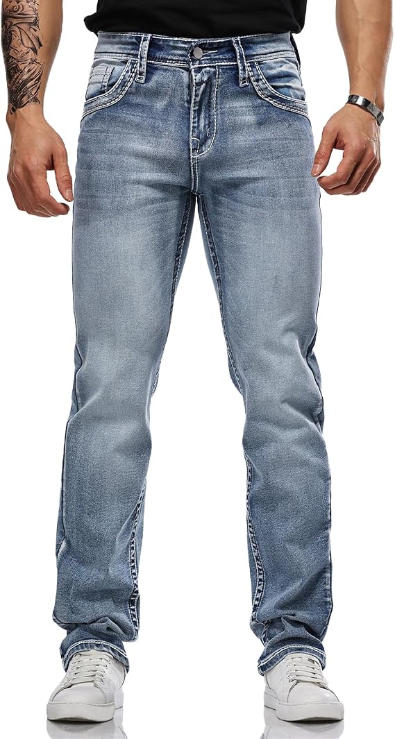 Jeans for Men Comfy & Durable Embroidered Denim Pants | Men's Jeans Embroidered Regular Fit Straight Leg Jeans, Comfy & Durable Denim Pants, Classic Casual Trousers for All Seasons