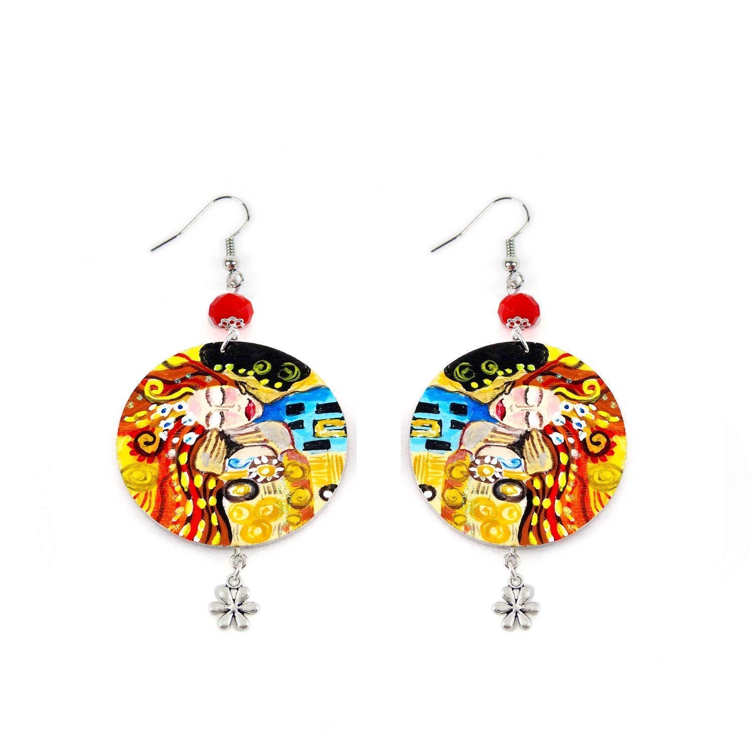 Pendientes pintados a mano – HOMENAJE AL BESO APASIONADO DE SOPHIE VOGEL (Klimt) - Pendientes de mujer, Joyas pintadas, Gancho de plata, Made in Italy, Bisutería, Elaboración artesanal