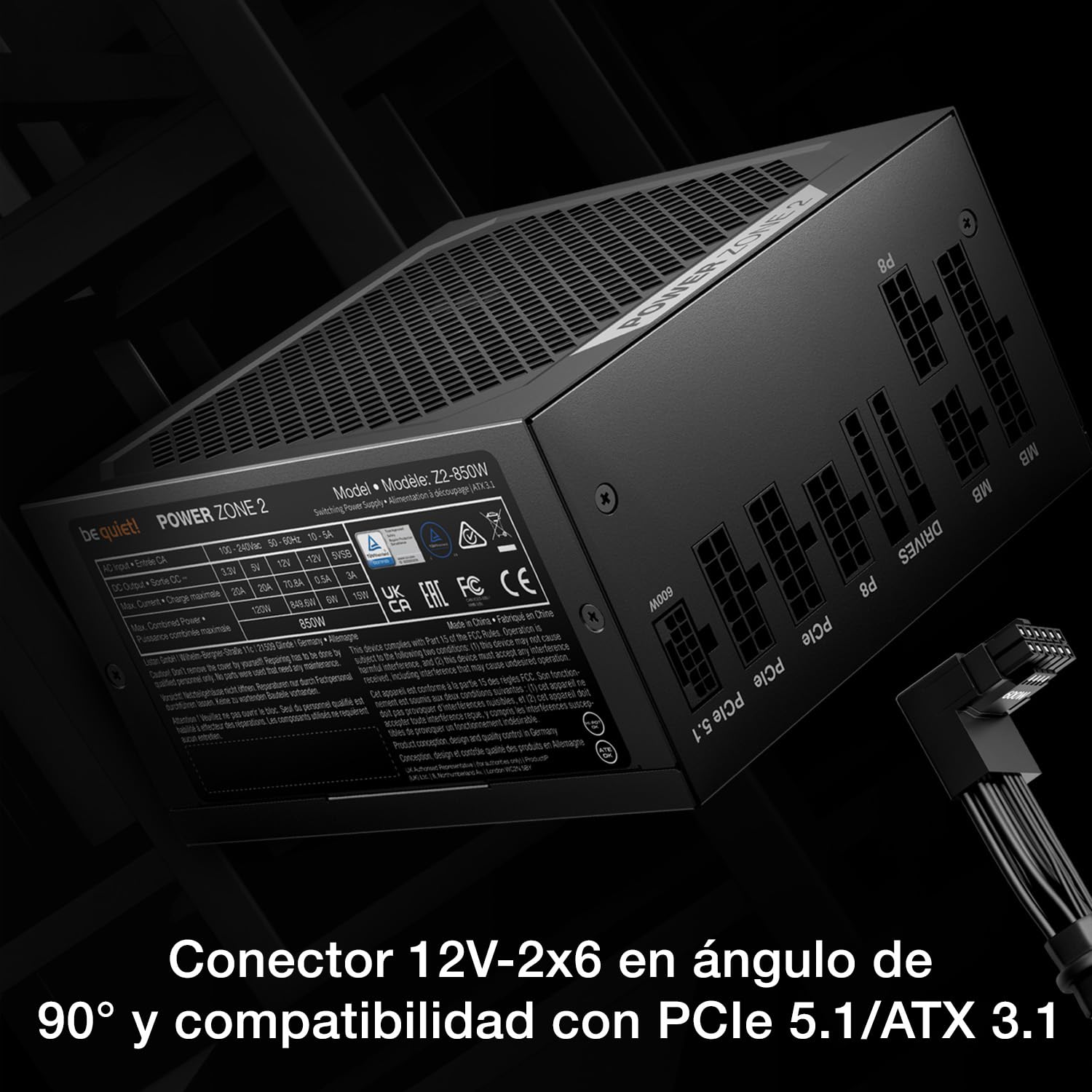 be quiet! Power Zone 2 1000W Fuente de alimentación, 80 Plus® Platinum, Cybenetics Platinum, refrigeración semipasiva, Ventilador Pure Wings 3, ATX 3.1, PCIe 5.1, Conector 12V-2x6, raíl de 12 V