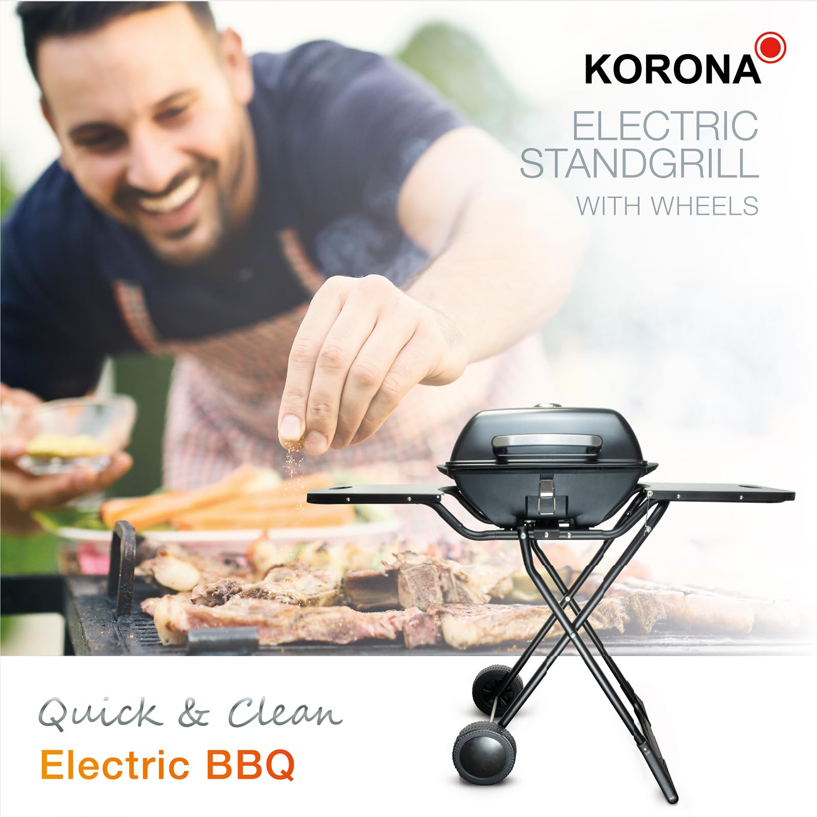 Korona 46222 Elektryczny grill stojący na kółkach, 2400 W, dzielona powierzchnia grillowania XXL, ryflowana i gładka, z pokrywą i wskaźnikiem temperatury