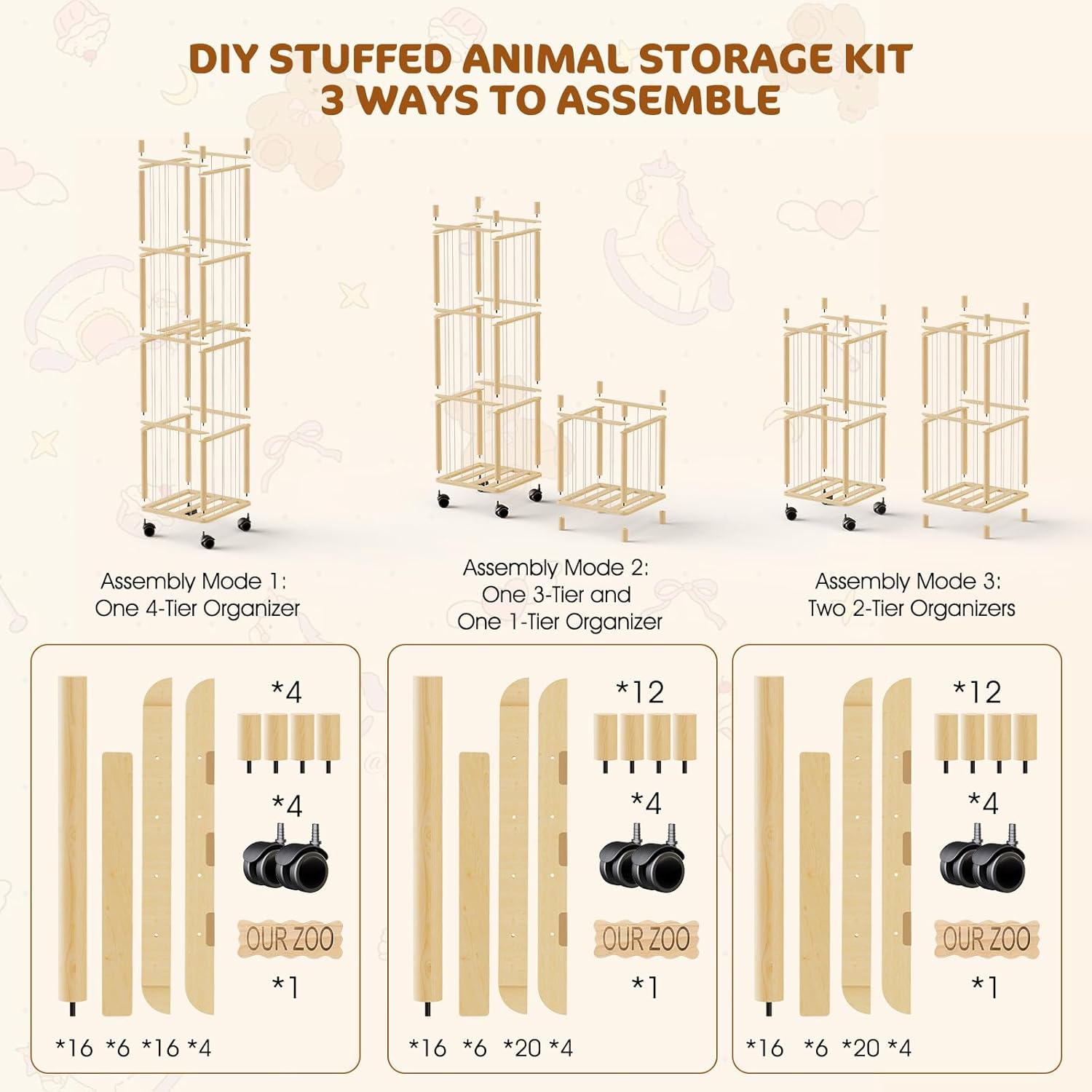DIY Stuffed Animal Storage Kit, Adjustable 1–4 Tier Stuffed Animal Organizer with Wheels, Large Plushies Storage for Playroom, Bedroom & Nursery, Designed for Growing Toy Collections