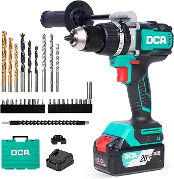 DCA 20V Brushless Hammer Drill, 1062 in.lbs Torque Impact Drill, 1/2" Keyless All-Metal Chuck, 24+1+1 Clutch, 32000 IPM, Heavy-duty Cordless Drill Kit with 4.0Ah Battery for Brick Wall, Metal, Wood