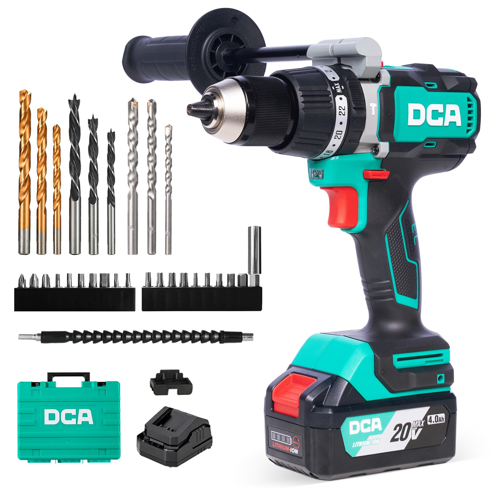 Dca Light/Dark 20V Brushless Hammer Drill, 120N.m Torque Impact Drill, 1/2" Keyless All-Metal Chuck, 24+1+1 Clutch, 32000 Ipm, Heavy-Duty Cordless Drill Kit With 4.0Ah Battery For Brick Wall, Metal, Wood
