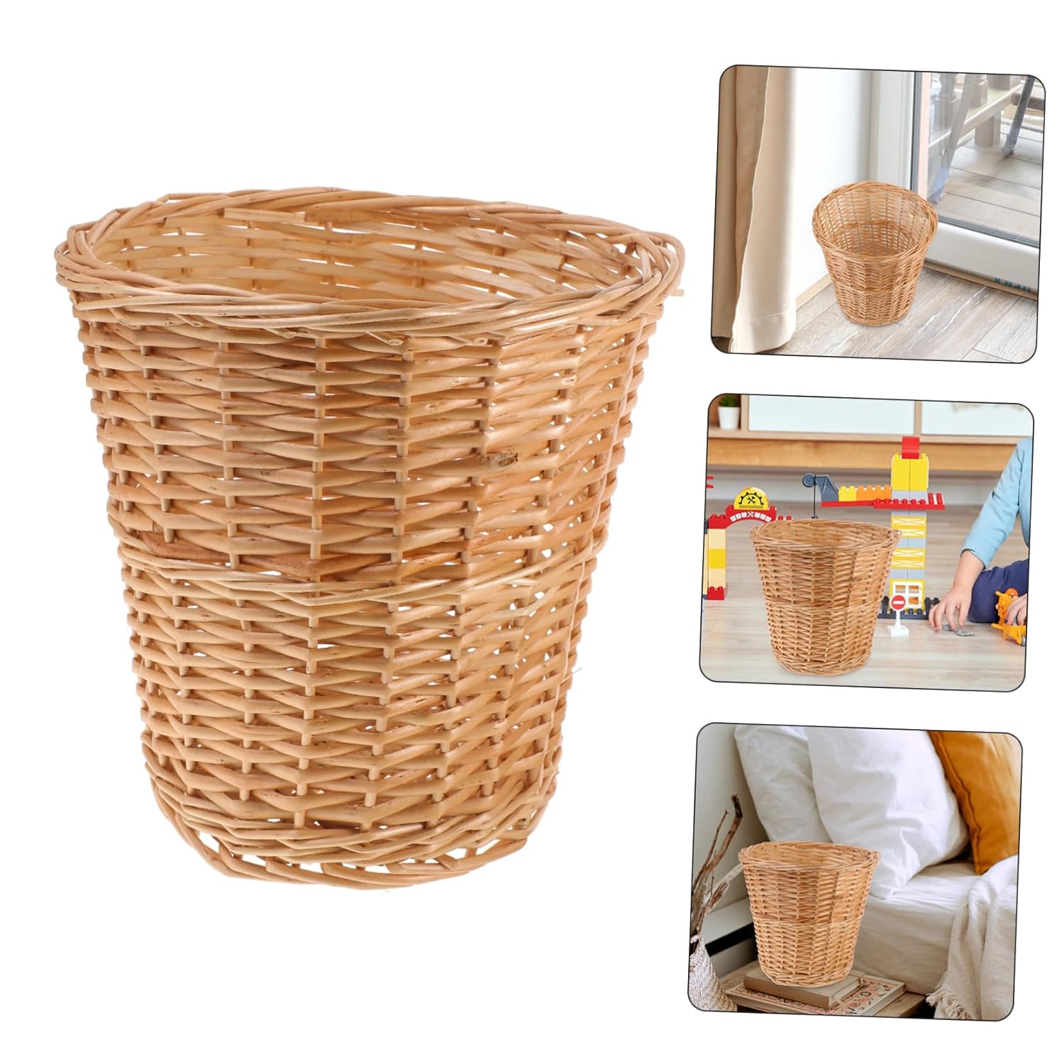 Veemoon Woven Wicker Trash Can for Home Office Multi Purpose Indoor Storage Basket Stylish Rattan Wastebasket for Paper Recycling and Household Organization