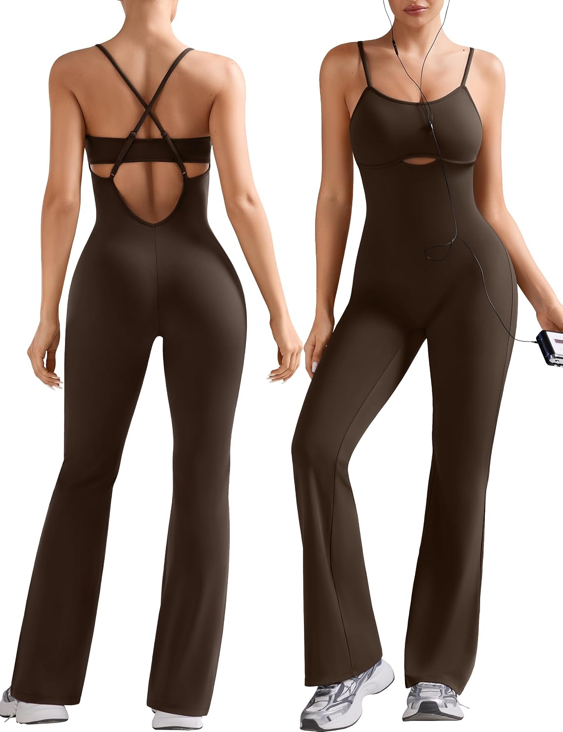OLCHEE Womens Workout Flare Jumpsuits One Piece Backless Criss Cross Adjustable Straps Gym Yoga Rompers Removable Padded