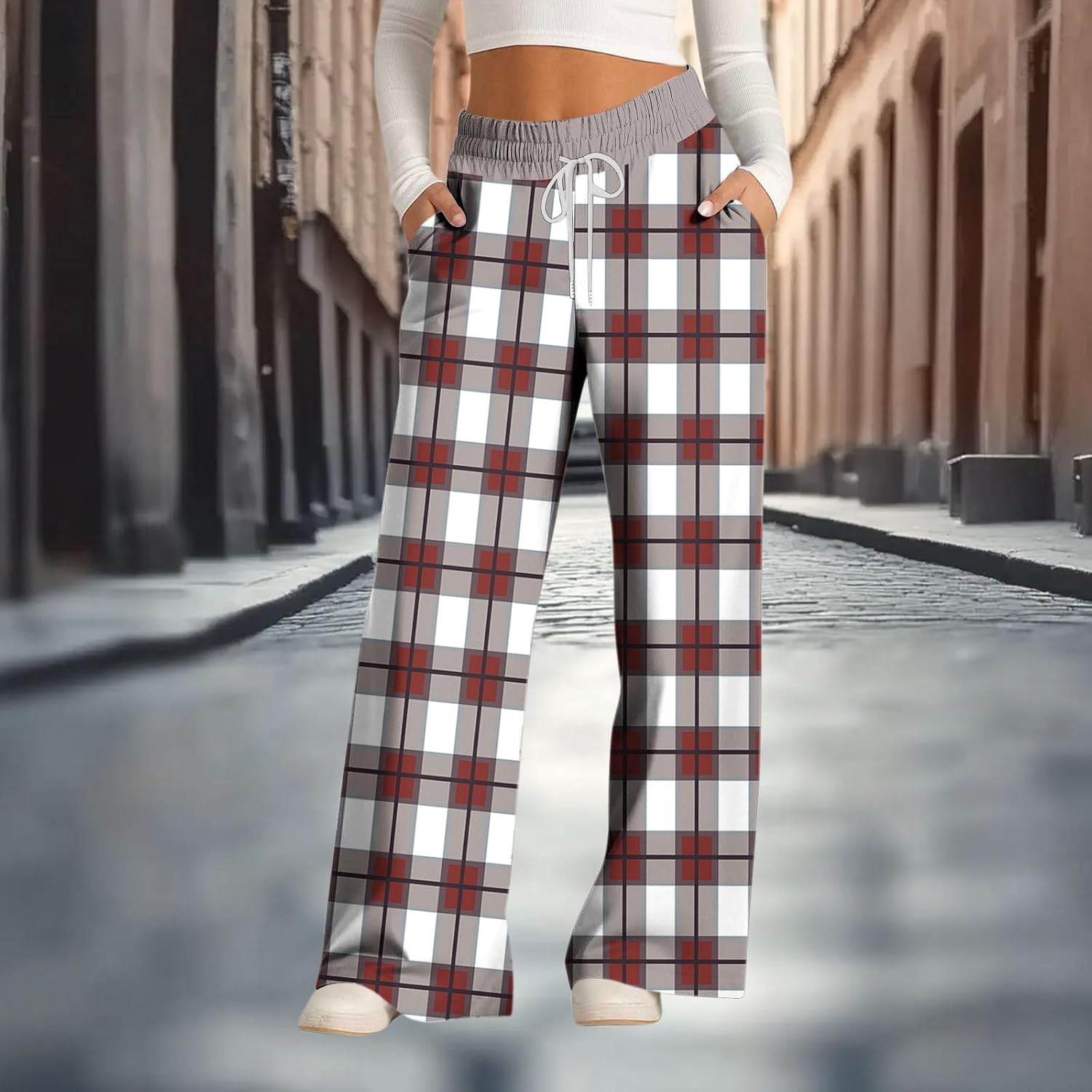 High Waisted Pant for Women Wide Leg Casual Plaid Fall Winter Work Trousers with Pockets Baggy Drawstring Sweatpant