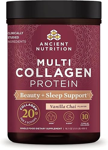 Ancient Nutrition - Proteína en polvo de colágeno, proteína de colágeno múltiple + sueño con vitamina C, vainilla Chai, péptidos de colágeno