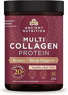 Ancient Nutrition Collagen Powder Protein, Multi Collagen Protein Beauty + Sleep with Vitamin C, Vanilla Chai, Hydrolyzed ...