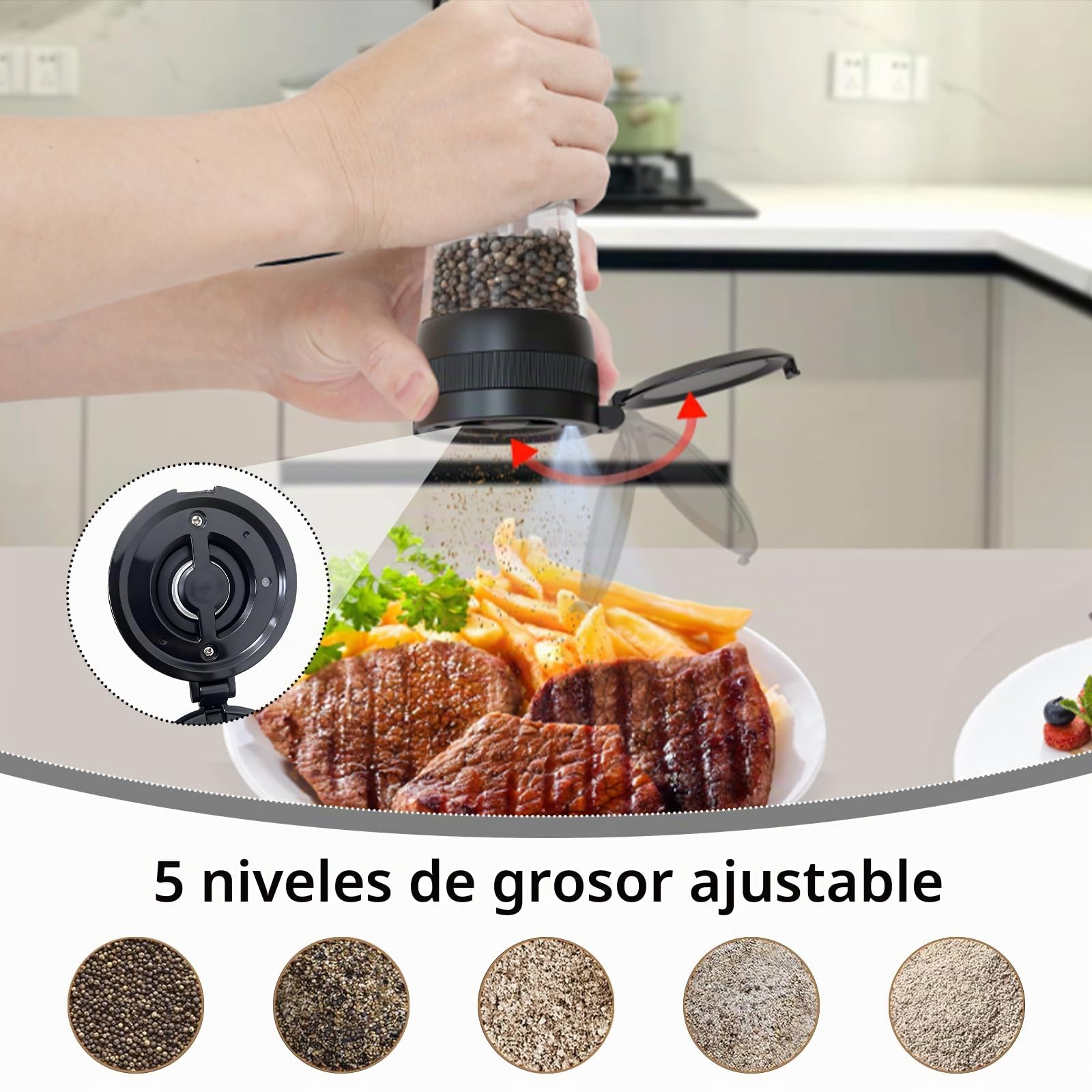 Juego de molinillos eléctricos de sal y pimienta, 2 piezas, recargable por USB, con estación de carga doble e indicador LED, 95 ml de capacidad, mecanismo de cerámica ajustable en 5 niveles