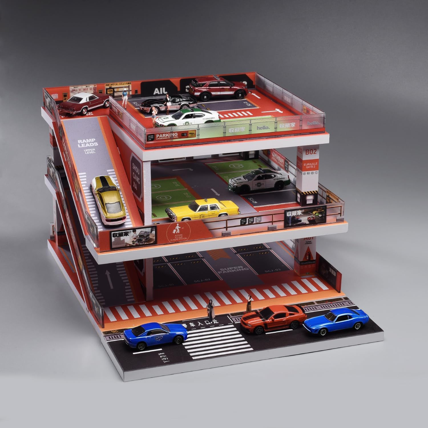 Fremego 1/64 Scale Garage Diorama with LED Lights, Simulation Ramp Scene Parking Lot Model for Diecast Cars Display Case for Collection Gift