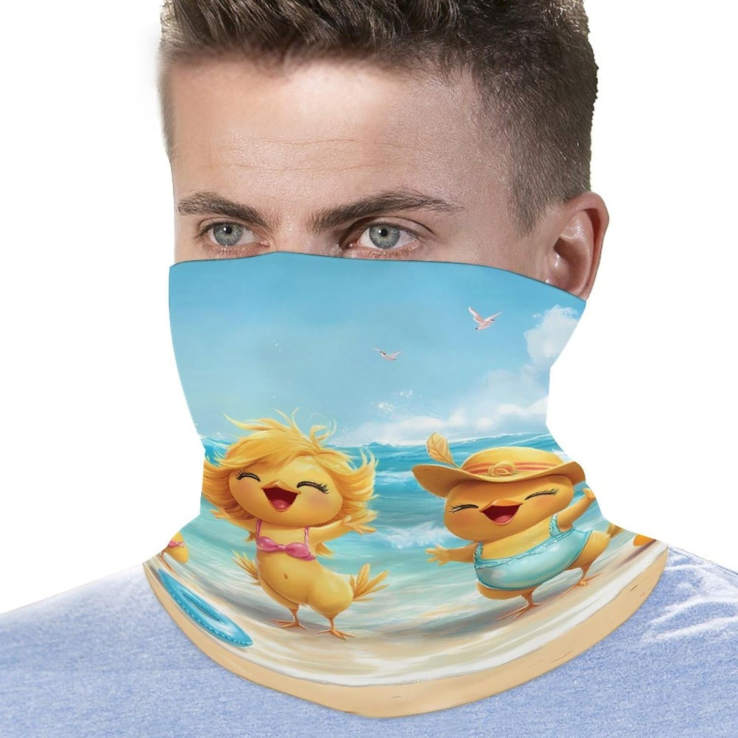Chicken Beach Funny Animal Face Cover Neck Gaiters for Men Women Sun Protection Mask Scarf Hiking Bandana