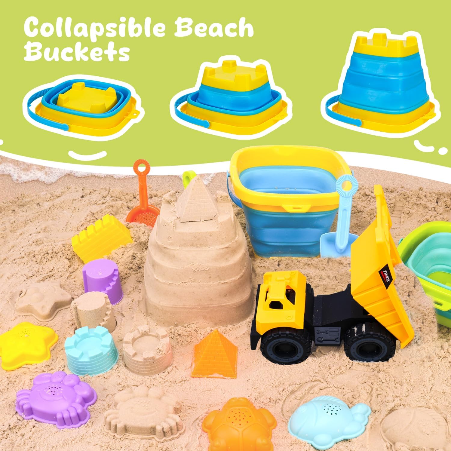 AuntyFey Beach Sand Toys for Toddler 1-3 with Trucks, 2 Collapsible Beach Toys for Kids Ages 4-8, Sandbox Toys for Toddler, Collapsible Beach Sand Buckets with Castle Sand Molds Shovels