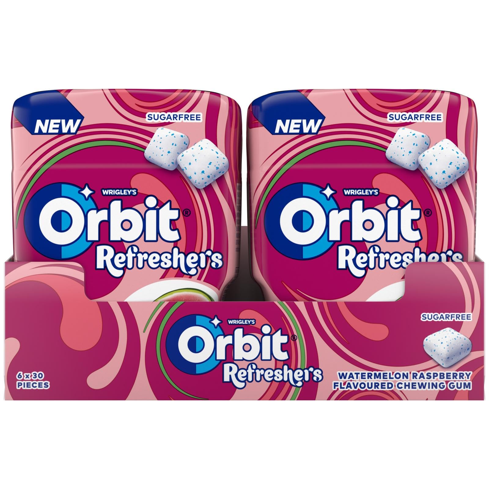 Orbit Refreshers Bote de chicles sin azúcar sabor sandía y frambuesa, 6 cajas de 30 unidades