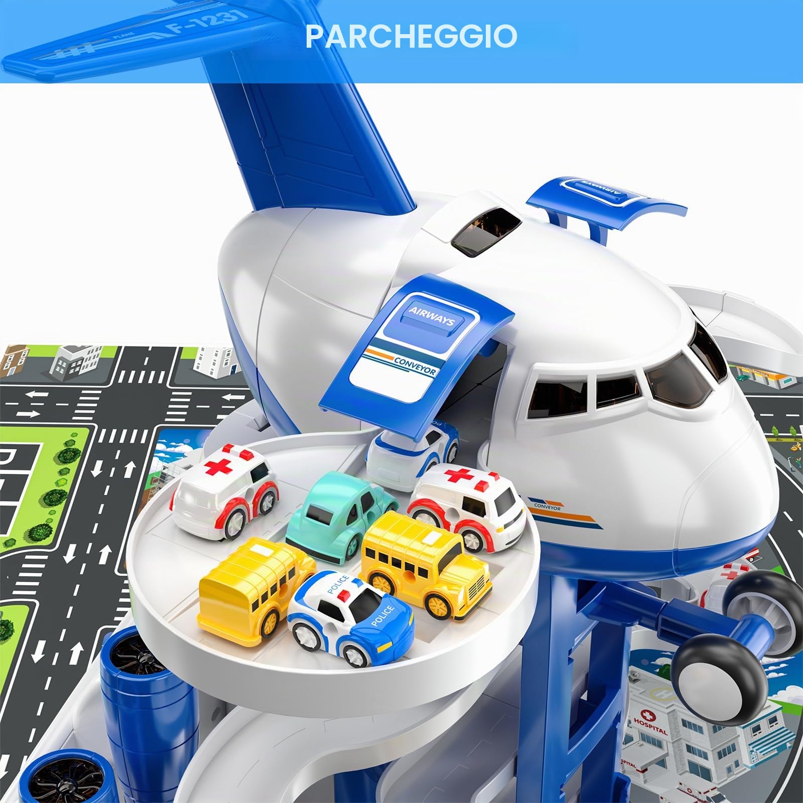 TEMI Giocattolo aereo per bambini giocattolo da corsa auto per 3 4 5 6 7 ragazzi a traformed aereo garage avventura con 8 City Cars per bambini età 2-6