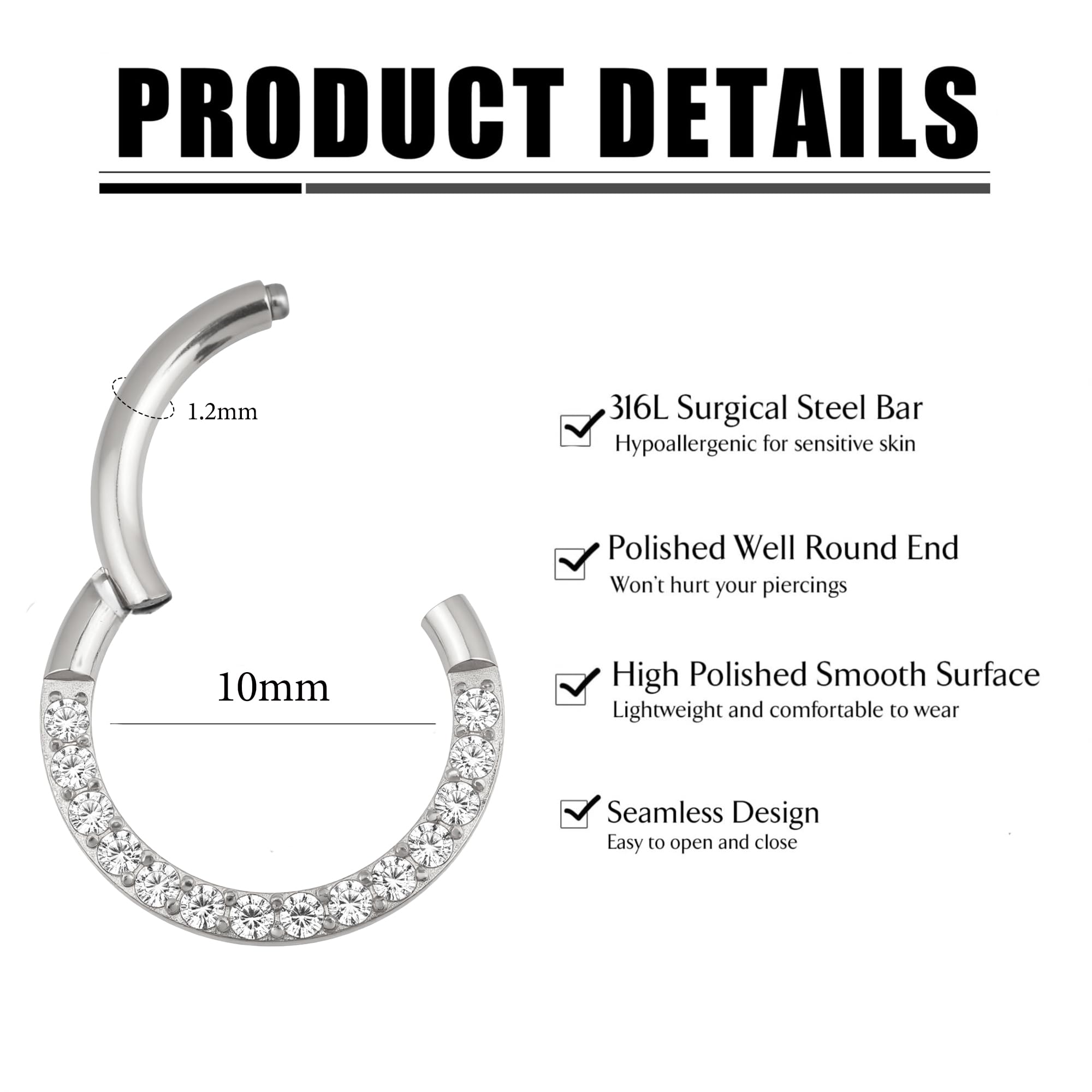 Piercing para la nariz para mujer, acero inoxidable, oro y plata, piercing para la nariz, hélix, septum, tragus, conch, piercing labial, nariz, anillos, circonitas, 8 mm/10 mm — view 6